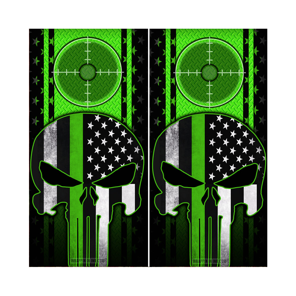 Cornhole Board Wraps - Green Line American Flag Punisher Target